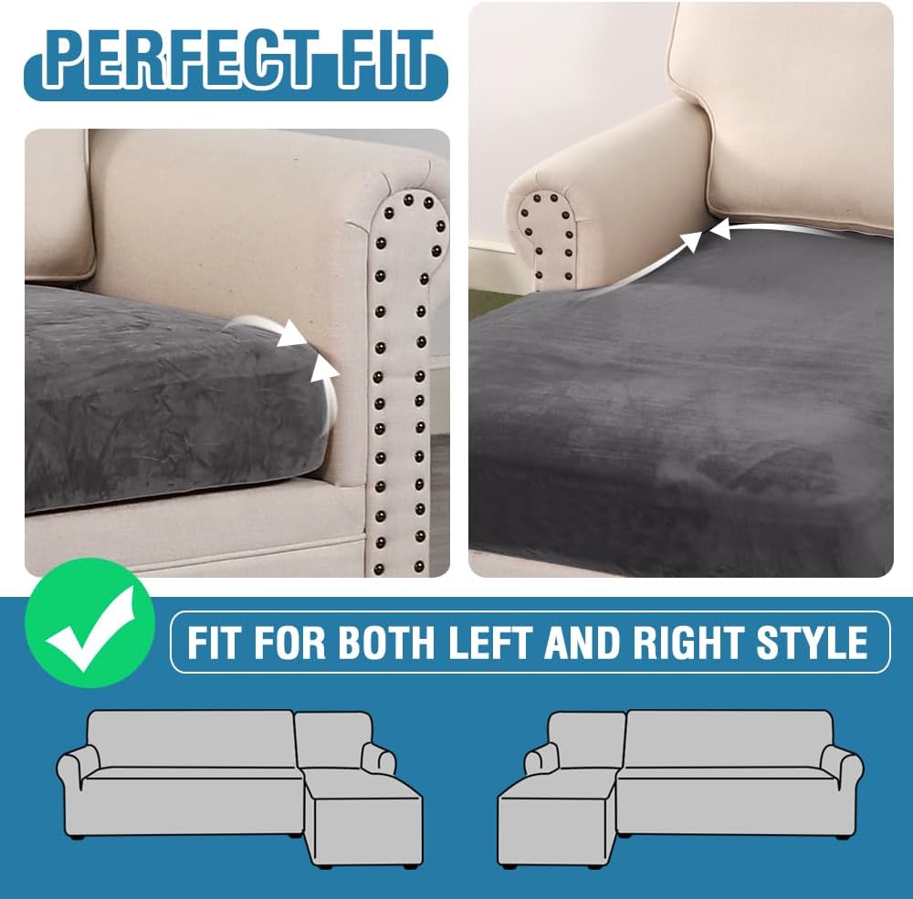 H.VERSAILTEX Velvet Stretch Sectional Sofa Covers - 4 Piece Seat Cushions for L Shape Sectional Couch (Large 3 Seater + 1 Chaise, Grey)