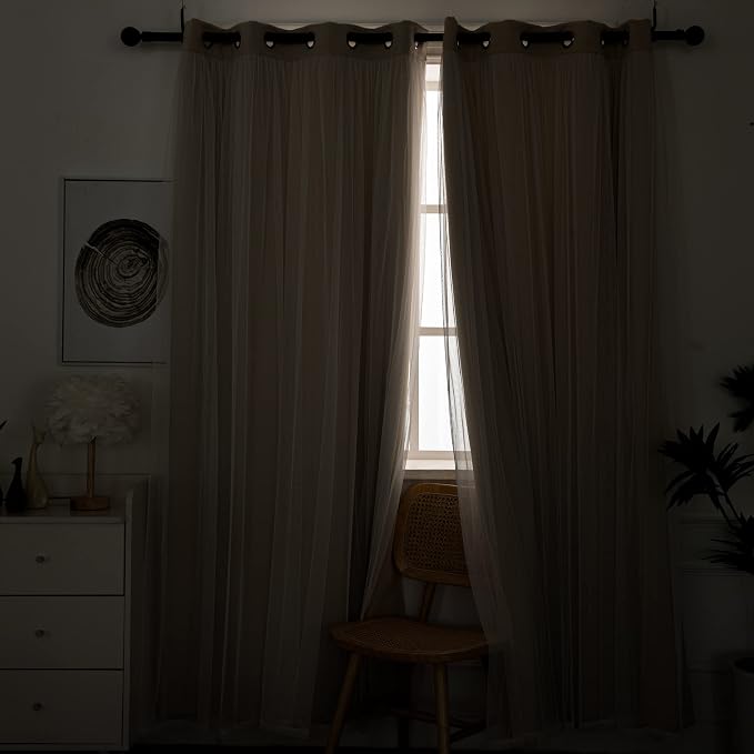 INLINAS Beige Blackout Curtains with Sheer Overlay - Grommet Top Thermal and Noise Reduction Panels for Bedroom and Living Room Light Blocking and Energy Saving, 37 x 63 Inches, Set of 2