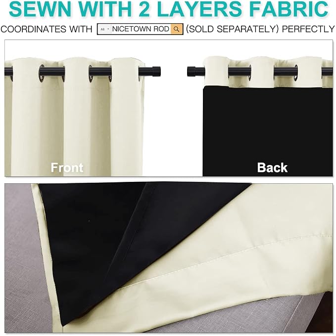 NICETOWN Living Room Completely Shaded Draperies, Privacy Protection & Noise Reducing Ring Top Drapes, Black Lined Insulated Window Treatment Curtain Panels (Beige, 2 Pieces, W70 x L84)