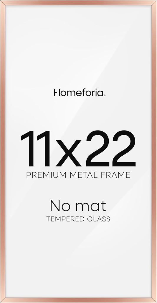 Homeforia 11x22 Newspaper Frame Rose Gold, High End Metal 11 x 22 Picture Frame without Mat, 22x11 Thin Rose Gold Poster Frames for Wall, 11by22 Display Photo Frame, Tempered Glass, Wall Kit, Set of 1