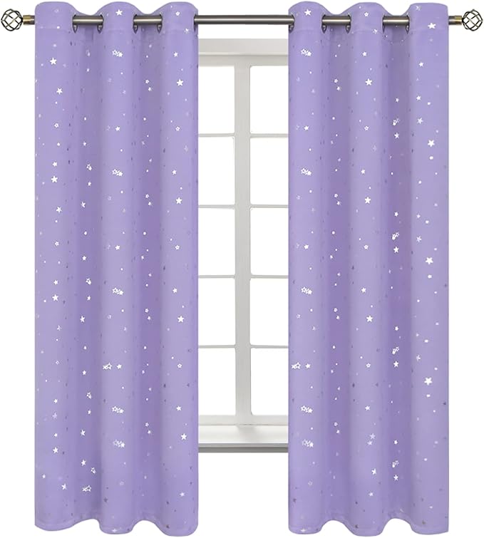 BGment Kids Room Curtains for Bedroom - Grommet Thermal Insulated Silver Star Print Room Darkening Curtains for Living Room, Set of 2 Panels, Lavander, 42 x 63 Inch