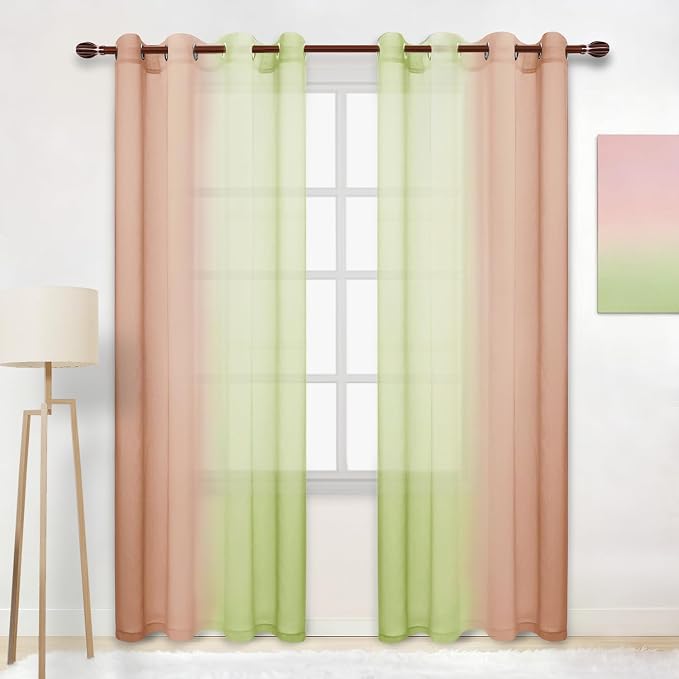 DWCN Ombre Sheer Curtains - Faux Linen Semi Voile Grommet Top Gradient Curtains for Bedroom and Living Room, Set of 2 Window Curtain Panels, 52 x 84 Inch Length（Sage Green and Pink