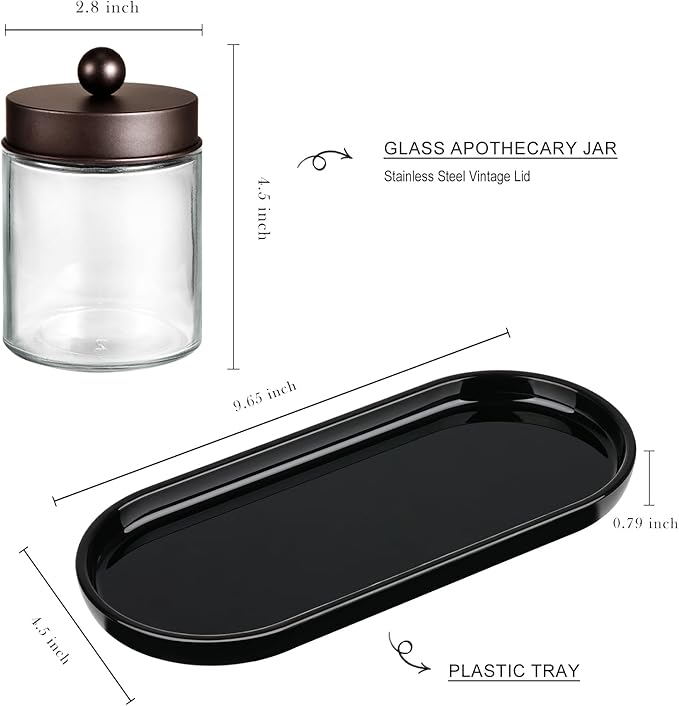 SheeChung Qtip Dispenser Holder, Glass apothecary jars with Acrylic Vanity Tray, Countertop Canister Guest Bathroom Essentials Storage Organizer for Cotton Swabs/Balls, Floss Picks