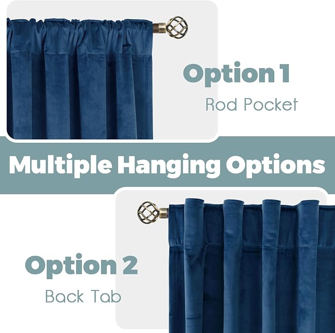 BGment Blue Velvet Curtains 90 Inches for Living Room, Thermal Insulated Blackout Curtains Room Darkening Drapes with Back Tab and Rod Pocket for Bedroom, Set of 2 Panels, 52 x 90 Inch