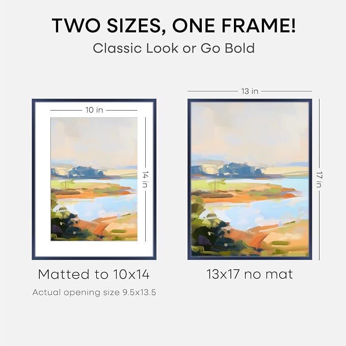 Homeforia 13x17 Picture Frame Navy Blue, High End Metal 13x17 Poster Frames with Mat 10x14 Photo, 13 x 17 Navy Blue Frame Matted to 10 by 14 Print, 17x13 Thin Frame, Tempered Glass, Wall Kit, Set of 2