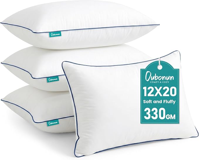 Oubonun 12 x 20 Throw Pillow Inserts – Durable & Structured, Soft Down Alternative Decorative Pillows with Piping Edge for Couch Sofa Bed, Machine Washable, White, Pack of 4