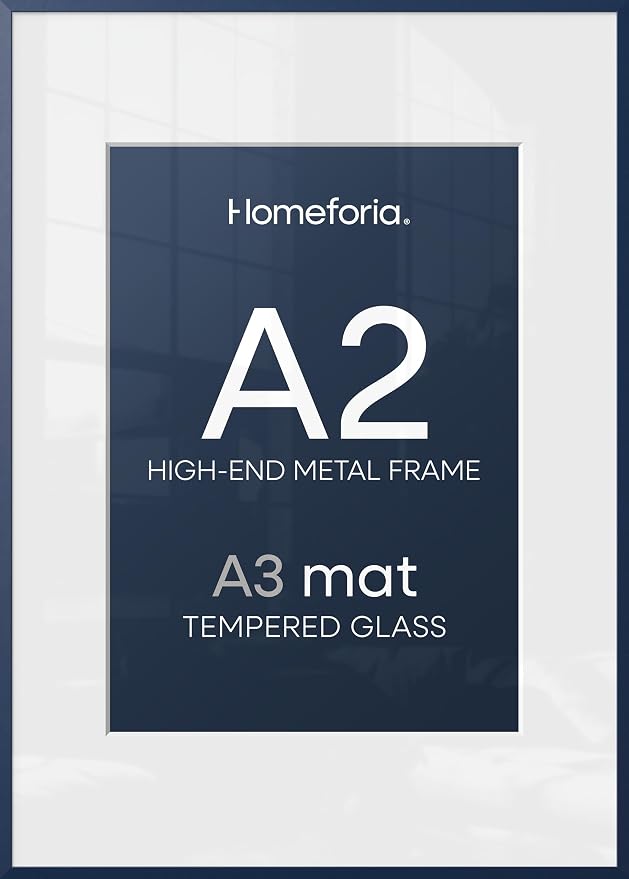 Homeforia A2 Poster Frame Navy Blue, High End Metal A2 Picture Frame Navy Blue with Mat A3 for Print, 16.5x23.4 Frame Matted to 11.7x16.5 Photo, 16.5 by 23.5 Frames, Tempered Glass, Wall Kit, Set of 2