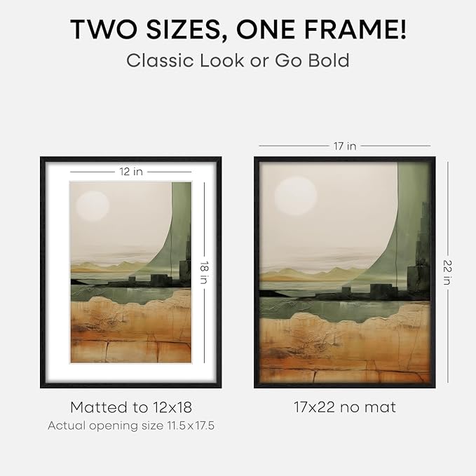 Homeforia 17x22 Picture Frame Black Wood, High End Oak 17x22 Poster Frames with Mat 12x18 Photo, 17 x 22 Wooden Frame Matted to 12 by 18 Print, 22x17 Hanging Frames, Tempered Glass, Wall Kit, Set of 2