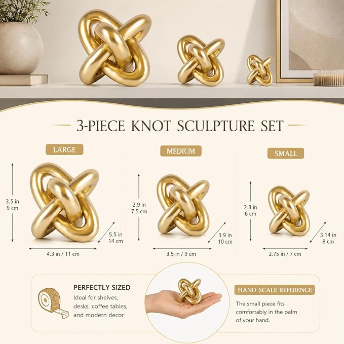 Gold Knot Decor for Coffee Table Book,Chain Link Living Room Decor Item for Bookshelf Entryway Nightstand TV Stand,Minimalist Knot Sculpture for Home Living Room,Centerpiece Table Decorations (Gold)