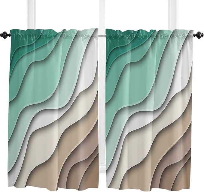 54 Inch Long Tier Curtains for Kitchen, Abstract Geometric Green Brown Gradient Waves Beach Bathroom Window Curtains Rod Pocket Short Curtains Window Treatment Tiers for Living Room 2 Panels