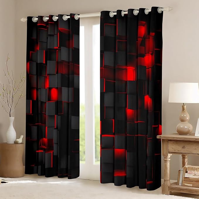 Feelyou Red and Black Darkening Drapes (2 Panels, 42 x 84 Inch) Light Geometric Curtains for Bedroom Living Room Kids Boys Girls Decor Blackout Curtains Modern Window Treatments
