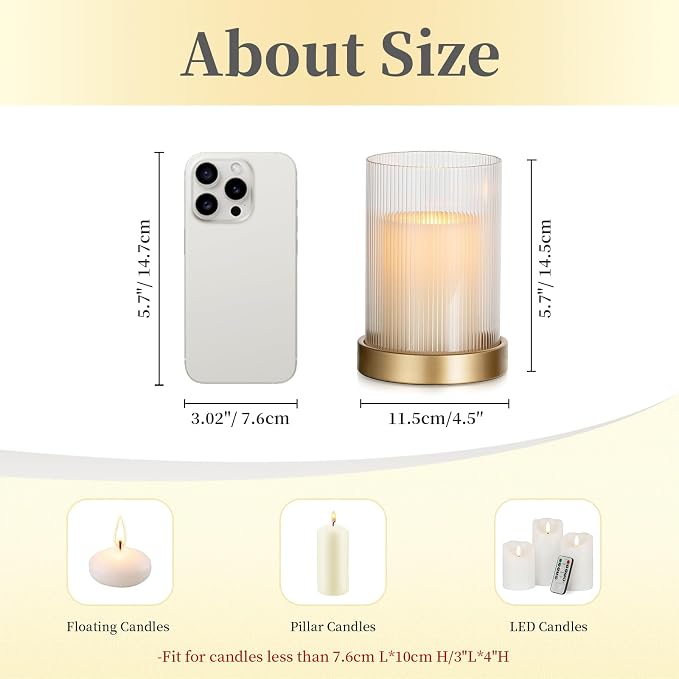 Hewory Ribbed Hurricane Candle Holder: Gold Votive Candle Holders Set of 2, Glass Hurricane with Metal Candle Plate, Pillar Candle Holder for Table Centerpiece Christmas Wedding Holiday Home Decor