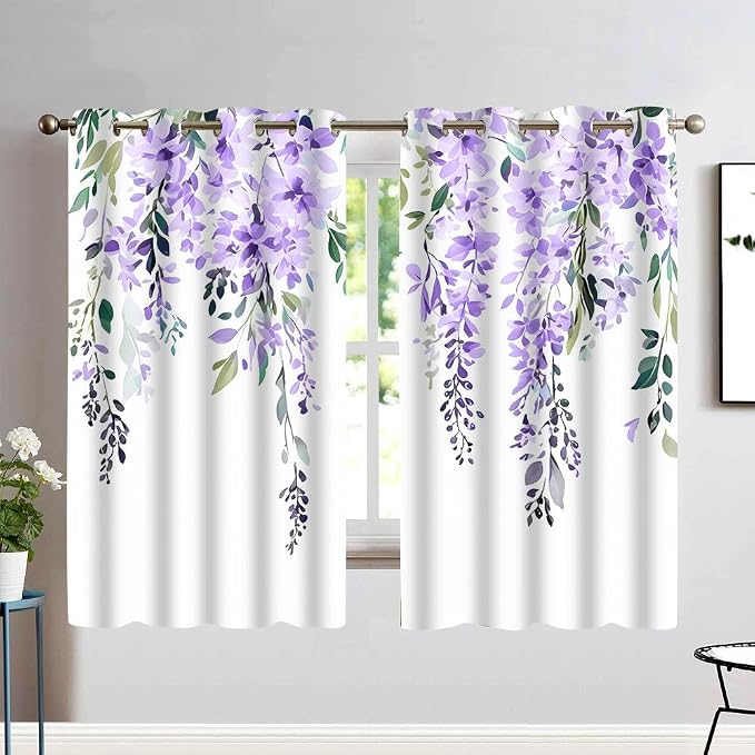 Purple Watercolor Floral Curtains, 52x63 inch, 2 Panels | Botanical Leaves Vine Flowers, Rustic Farmhouse Wisteria, Blackout Window Treatment, For Bedroom Living Room
