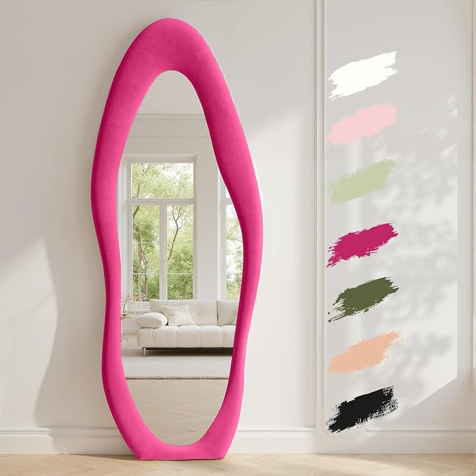 Dewfig Full Length Mirror, 63" x 24"Irregular Mirror, Large Floor Length Mirrors Wall Mounted, Standing Mirrors with Flannel Wrapped Wooden Frame for Bedroom/Living Room, Hot Pink