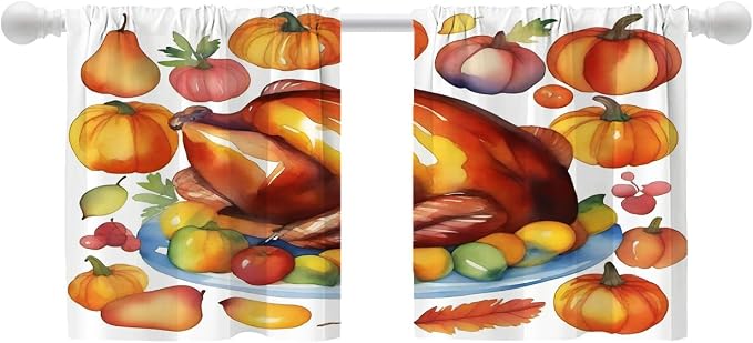 Shrahala Turkey Pumpkin Thanksgiving Blackout Curtain Tiers, Watercolor Fruits Delicious Food Pears Kitchen Valance Light Blocking Tier Drapes with Rod Pocket, 2 Pack 26 X 24 in