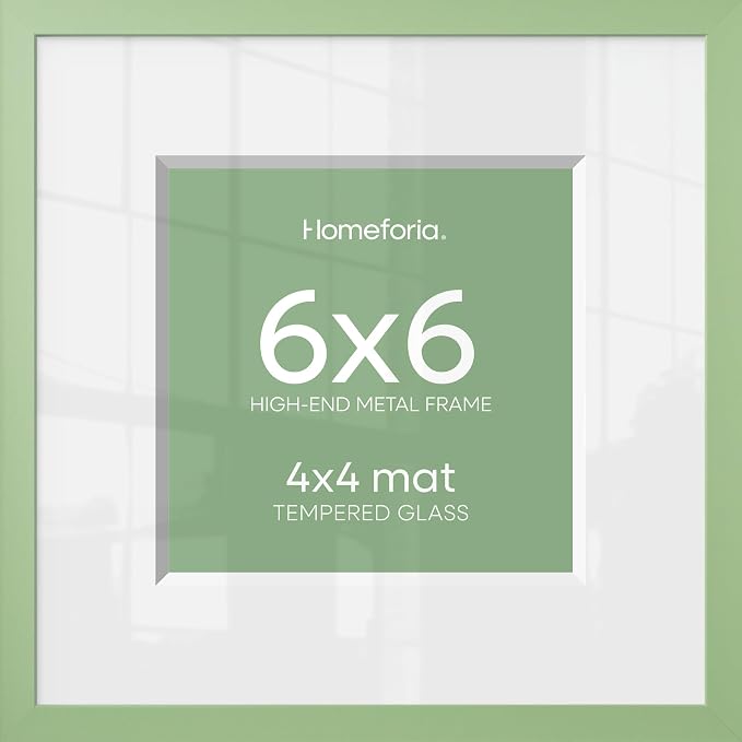 Homeforia 6x6 Sage Green Frame, High End Metal 6 x 6 Square Picture Frame with Mat 4 by 4 Art, 6x6 Photo Frame Matted to 4x4 inch Print, 6by6 Wall or Tabletop Frames, Tempered Glass, Wall Kit, Set of 2