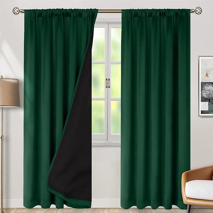 BGment 100% Thermal Insulated Blackout Curtains 90 Inches Long with Liner, Rod Pocket and Back Tab Double Layer Noise Reduce Room Darkening Curtains for Bedroom (52 x 90 Inch, 2 Panels, Emerald)