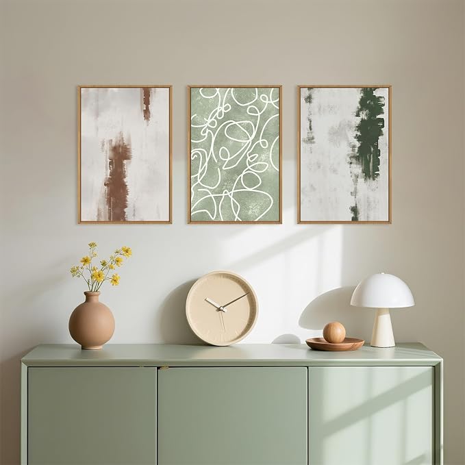 Large Abstract Green Brown Geometric Framed Canvas Wall Art Set,Minimalist Neutral Brush Stroke Wall Decor,Modern Watercolor White Curved Lines Artwork for Living Room,Bedroom,Office-16 x24 x3