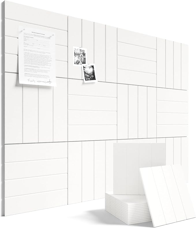 Fluxynara Felt Bulletin Board Tiles Large 48" x 36" Cork Board Alternative-12 Pack with 64 Adhesive Tabs, Thick Slat Wall Panels for Office Decor, Push Pin Board Wall Organizer Alternative-Milky White