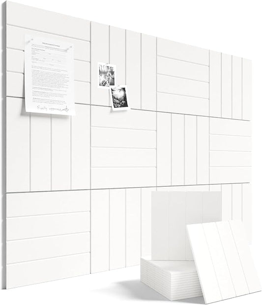 Fluxynara Felt Bulletin Board Tiles Large 48" x 36" Cork Board Alternative-12 Pack with 64 Adhesive Tabs, Thick Slat Wall Panels for Office Decor, Push Pin Board Wall Organizer Alternative-Milky White