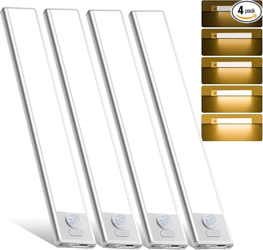 12inch Under Cabinet Lighting, 4 Pack Rechargeable Motion Sensor Light Indoor, Wireless Dimmable Magnetic Closet Lights, 50 LED Under Counter Lights for Kitchen, Wardrobe, Stairs, Warm Light