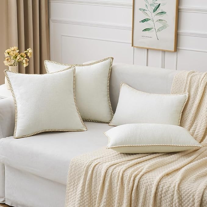 MIULEE Pack of 2 Pillow Covers 18x18 Inch Pure White Farmhouse Decorative Throw Pillow Covers with Stitched Edge Soft Chenille Solid Dyed Couch Pillow Covers for Sofa Bed Living Room