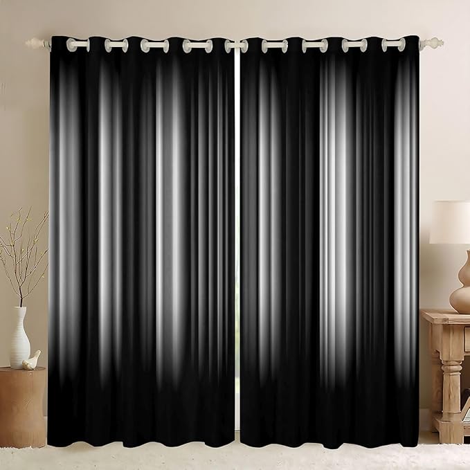 jejeloiu White and Black Darkening Dreapes Geometric Strip Lines Curtains Curtains (2 Panels, 38 x 45 Inch) Modern Gradient Style Sliver Window Treatments Blackout