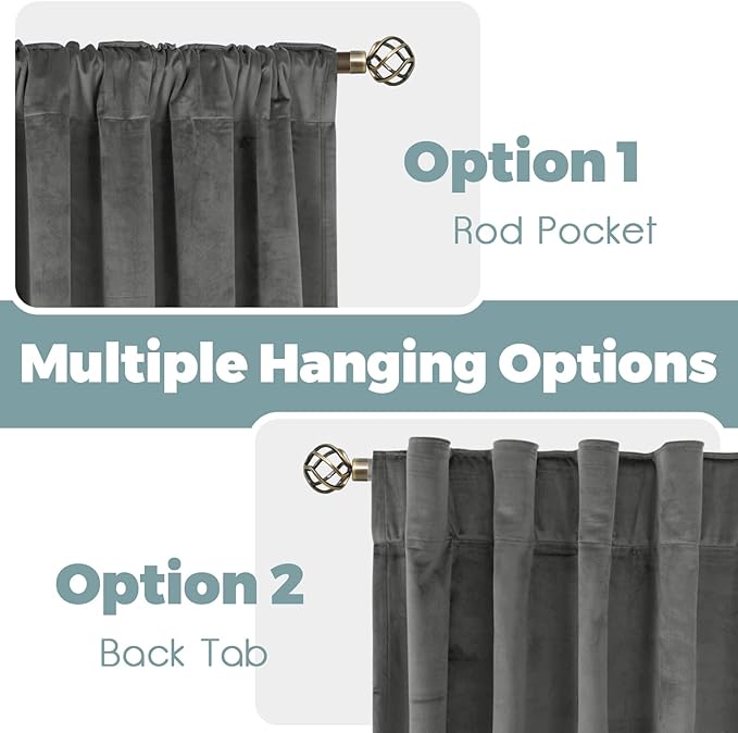 BGment Grey Velvet Curtains 108 Inches Long for Living Room, Thermal Insulated Room Darkening Curtains Drapes Window Treatment with Back Tab and Rod Pocket, Set of 2 Panels, 52 x 108 Inch
