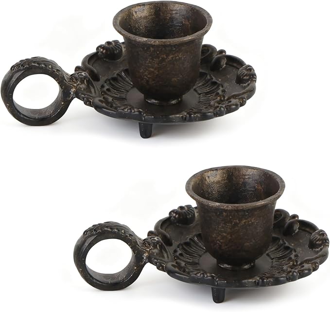 NIKKY HOME Vintage Small Brown Taper Candle Holders Set of 2, Handle Design | Old Fashioned Rustic Metal Candlestick Stand for Table Centerpieces, Dinners, Wedding, Mantel, Housewarming Gift
