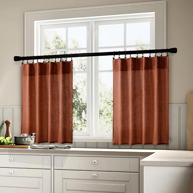 MIULEE Burnt Orange Kitchen Curtains 24 Inch Length 2 Panels, Soft Thick Linen Textured Semi Sheer Light Filtering Short Cafe Tier Curtains for Small Half Window Back Tab Rod Pocket Fall Boho Decor