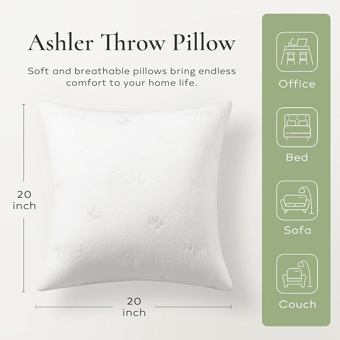 Ashler Throw Pillows Insert- 20x20 Pillow Inserts with Air Layer, Premium Bed and Couch Pillows - Indoor Decorative Throw Pillow, Square Cushion Sham Stuffer, Pack of 2, White