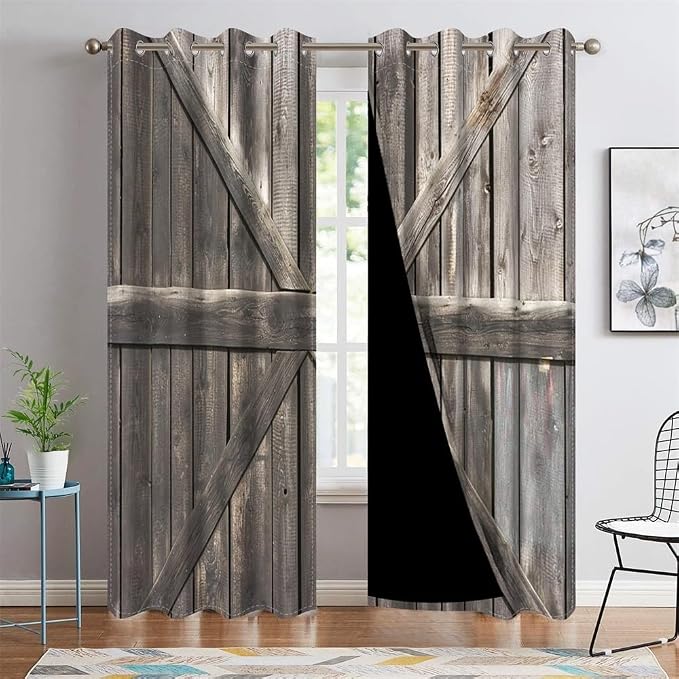 Rustic Barn Door Window Curtains Farmhouse Grey Wooden Door Garage Door Blackout Window Treatment for Living Room Bedroom Rural Farm Style Room Darkening Window Drapes,53x96 inch,2 Panels