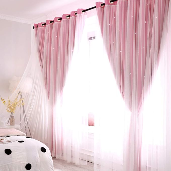 UNISTAR 2 Panels Stars Blackout Curtains for Bedroom Girls Kids Baby Window Curtain Double Layer Star Cut Out Aesthetic Living Room Decor Wall Home Decorations Curtain,W52 x L84 Inches,Pink
