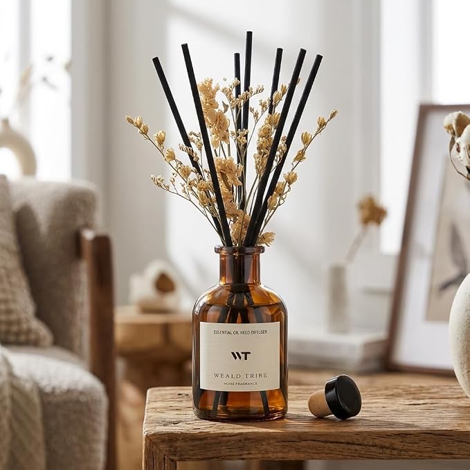 WEALD TRIBE Reed Diffuser Set for Bathroom Shelf Decor, Sticks Diffuser with Essential Oils Included | Early Summer Gardenia Scent 4.0 fl oz Fragrance Oil | Defusers for Home Apartment Essentials