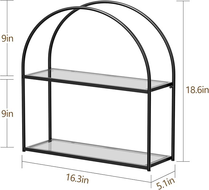 Crofy 2-Tier Arched Wall Shelf with Black Frame & Transparent Shelves | Sturdy Tempered Clear Glass Shelves with Ample Storage Space; Decor for Living Room, Bath, Kitchen, Vanity & Home Office
