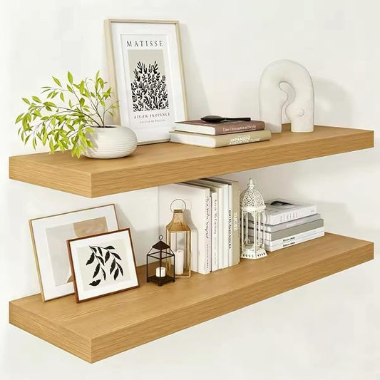Vivelove 12 Inch Deep Floating Shelves 36 inch Long, 2 Inch Thick Wall Shelves with Invisible Brackets, Shelf for Bedroom Bathroom Living Room Kitchen Office Home Decor, Modern Shelf Set of 2, Oak