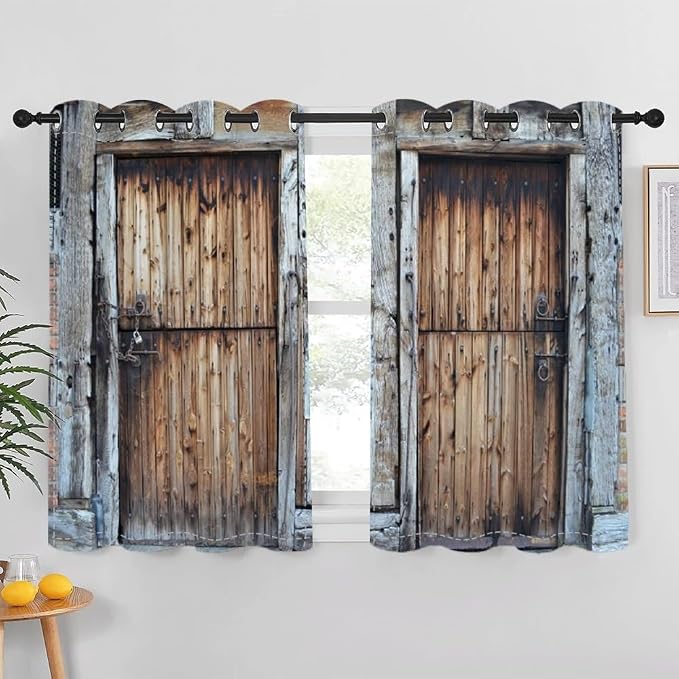 Rustic Barn Door Window Curtains Vintage Dilapidated Wooden Door Window Curtains Window Drapes for Living Room Bedroom Rural Farmhouse Farm Kitchen Window Treatment,53x63 inch,2 Panels