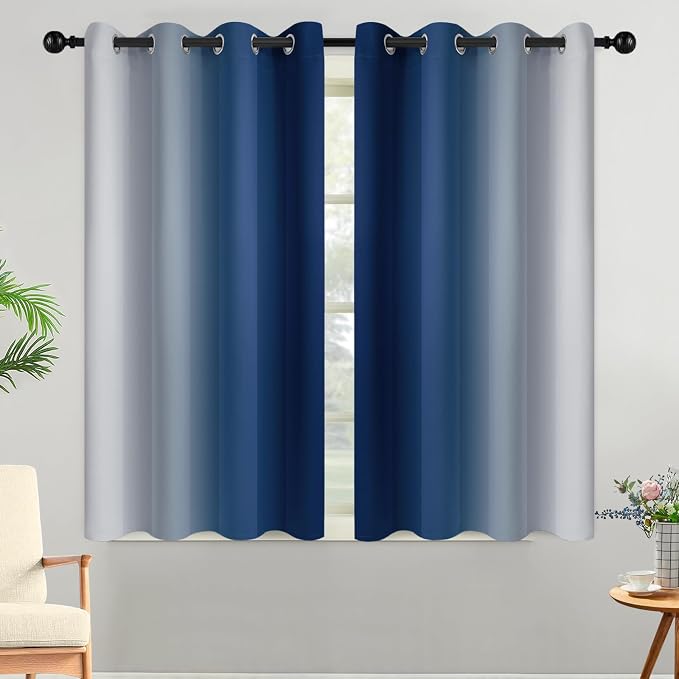 Yakamok Ombre Curtains Blue and Greyish White for Living Room,52Wx45L | Room Darkening Curtains 45,Thermal Insulated Gradient Color Drape,Light Blocking Grommet Window Curtains for Bedroom,2 Panels