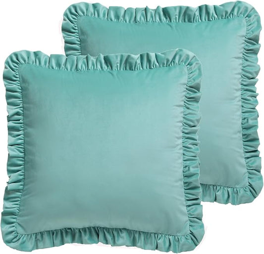ISAENNE Vintage Lake Green Square Throw Pillow Covers 22"x22" Set of 2, Solid Color Farmhouse Velvet Decoration Pillow Cover with Ruffles,Throw Pillow Case for Couch Sofa Bed Living Room Car