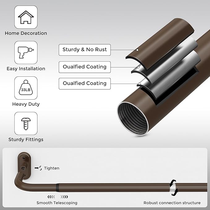 2 Pack Wrap Around Curtain Rods Bronze, Blackout Heavy Duty Curtain Pole for Windows 28 to 48 Inch, 1" Decorative Room Darkening Curved Modern Drapery Rod (Bronze/Unique Design/All Metal)