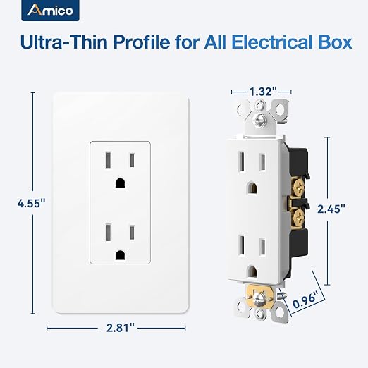 Amico Wall Outlet, UL Listed, Tamper Resistant Standard Electrical Outlet, Decorator Receptacle, Suitable for Home and Business, 125V/1875W, White, 15 Amp - Screwless Wall Plate, 30 Pack