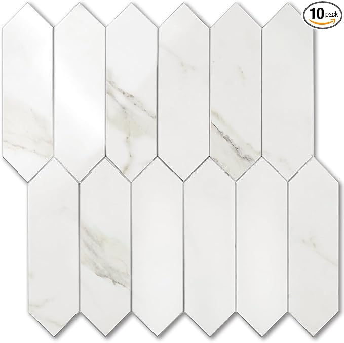 Vamos Tile Glossy White Marble Backsplash Tile Peel and Stick, 12.8 x 12.8 Inch 10 Sheets Long Hexagon PVC Self Adhesive Mosaic Wall Tiles Stick on Backsplash for Kitchen and Bathroom