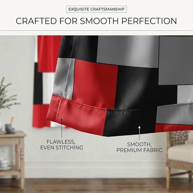 Black and Red Curtains for Living Room 63 Inch Length Geometry Curtains Modern White Grey Abstract Rod Pocket Curtain for Bedroom Kitchen Room Window Drapes 2 Panels