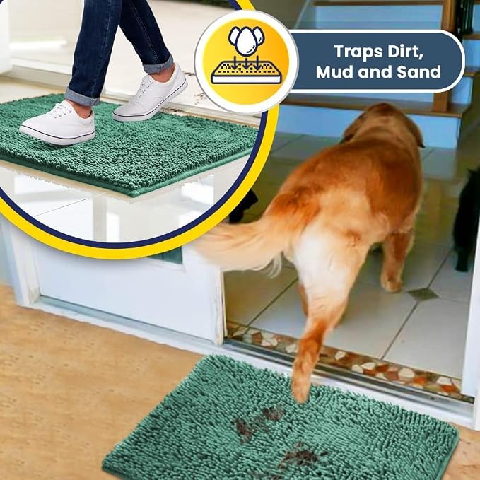Muddy Mat® | Super Water Absorbent Door Mat Indoor, Microfiber Quick Dry Chenille Entryway Rug, Slip Resistant Front Door Mat, Indoor Mats for Entryway,Machine Washable Pet Rug, Seafoam Green 24"x72"