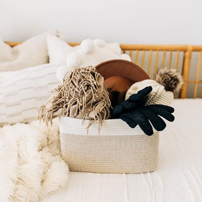 OrganiHaus Cotton Rope Basket for Shelf - Woven Storage Basket for Organizing, Closet & Toy Storage - Light Honey/Off-White - 15x9x10