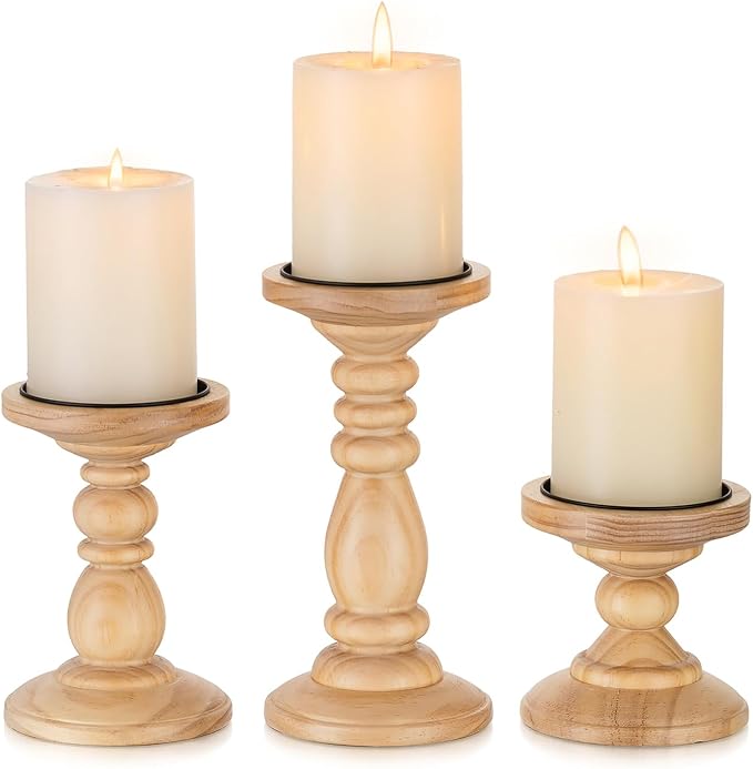 Wood Pillar Candle Holder: Rustic Wooden Candle Stand Farmhouse Fall Decor Distressed Brown Centerpieces for Tables Mantel Dining Living Room Christmas Set of 3