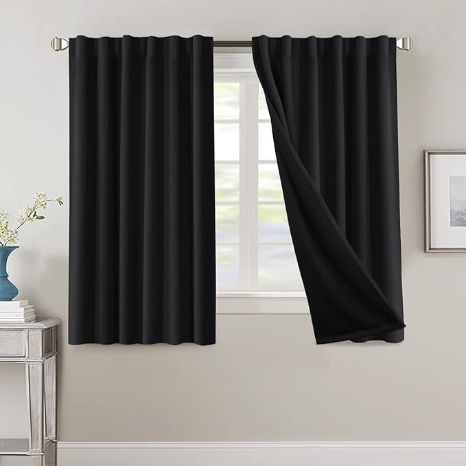 H.VERSAILTEX 100% Blackout Curtains for Bedroom with Black Liner Full Room Darkening Curtains 54 Inches Long Thermal Insulated Back Tab/Rod Pocket Window Drapes for Living Room, 2 Panels, Jet Black
