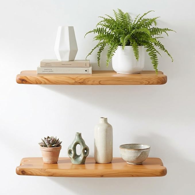 WELLAND 16" Live Edge Cedar Floating Shelves, Set of 2 | Each shelf measures approximately 15.75" W × 7.87" D × 1.25" H, ideal for displaying plants, book and decorative accents