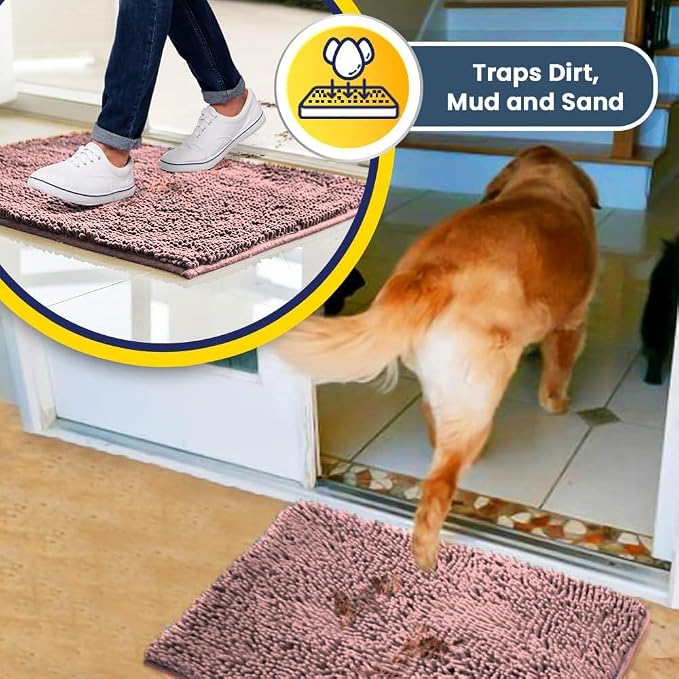 Muddy Mat® | Super Water Absorbent Door Mat Indoor, Microfiber Quick Dry Chenille Entryway Rug, Slip Resistant Front Door Mat, Indoor Mats for Entryway, Machine Washable Pet Rug, Pink 3ft x 8ft