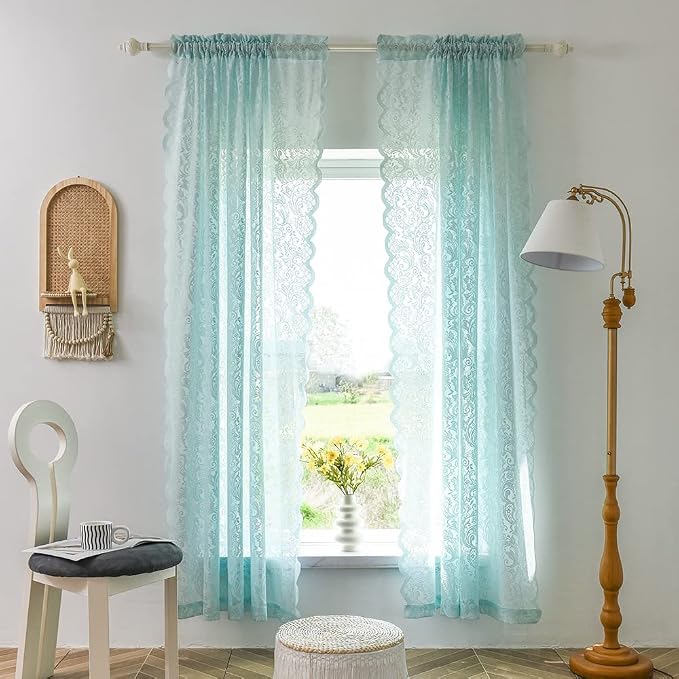 ALIGOGO Mint Green Curtains, 84 Inch Long, 2 Panels - Vintage Ocean Coastal Lace Sheer Floral Curtains for Living Room, Summer Beach Themed, Seafoam Aqua Color, Rod Pocket, 52 x 84 Inch, Aqua/Mint